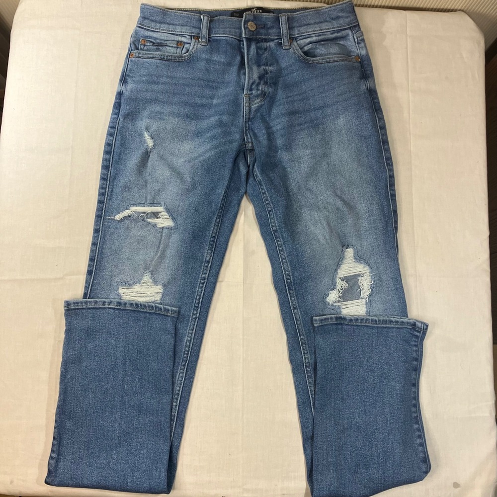 Hollister Stacked Slim Straight Distressed Jeans Mens 30x32 Blue Stretch Denim